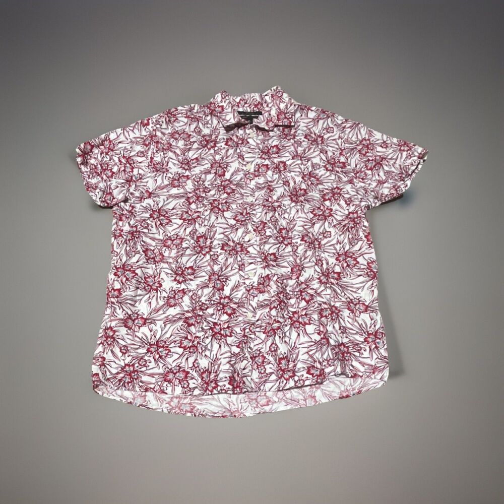 Marc Anthony Red White Floral Slim Fit Linen Cotton Short Sleeve Shirt Men XL